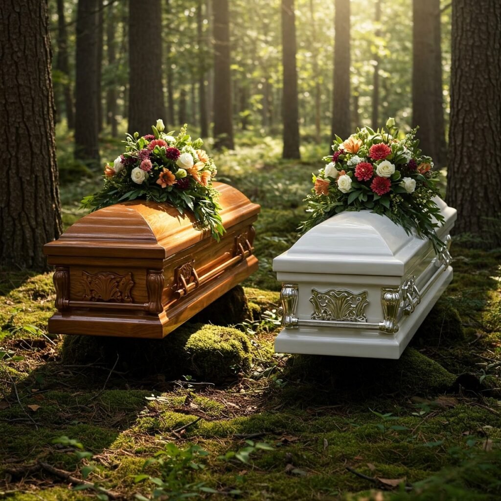 Two caskets lie side by side, adorned with floral decorations, in a peaceful forest setting.