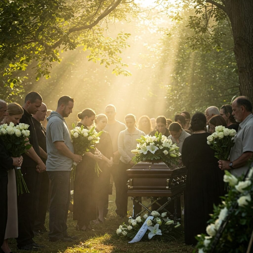 People are attending a funeral ceremony held in a garden setting.